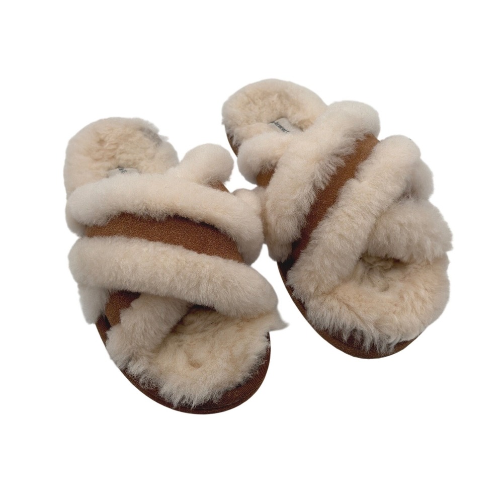 The‎ Vermont Country Store Womens 8M Shearling Crossover Slippers Tan
